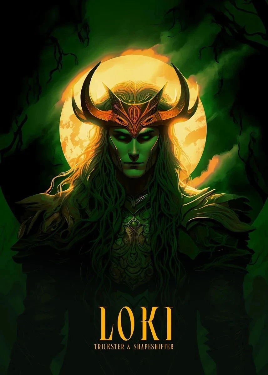 Character with a horned helmet and green skin against a dark background with 'LOKI' text.