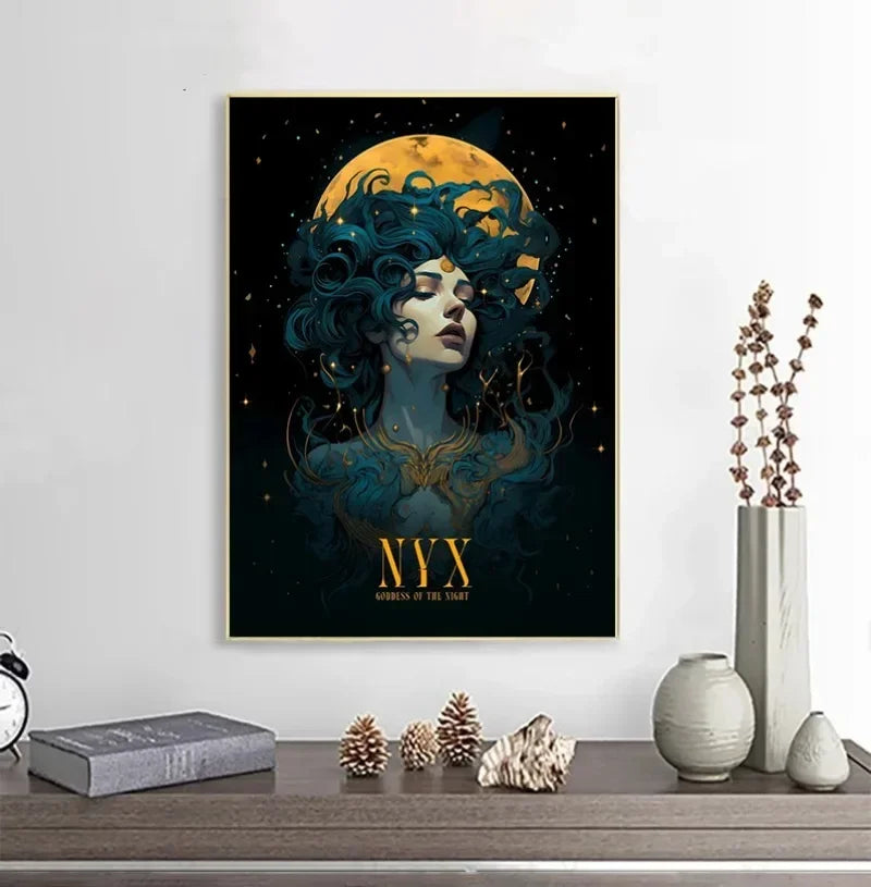Framed artwork of a woman with a moonlit background on a wall above a wooden shelf with decorative items.