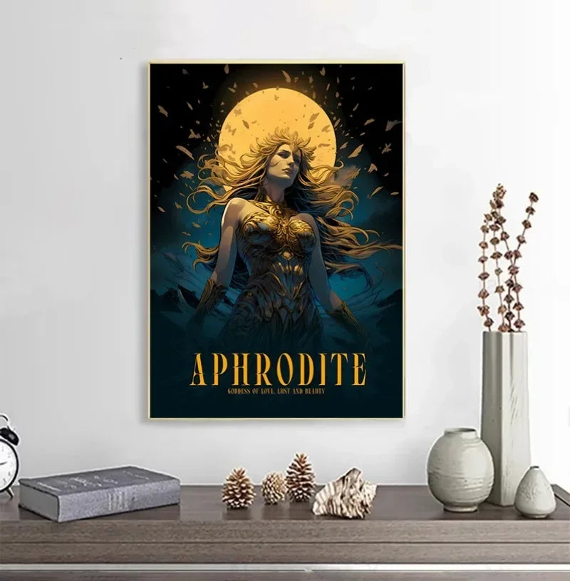 Framed poster of Aphrodite on a wall above a decorative shelf with vases and books.