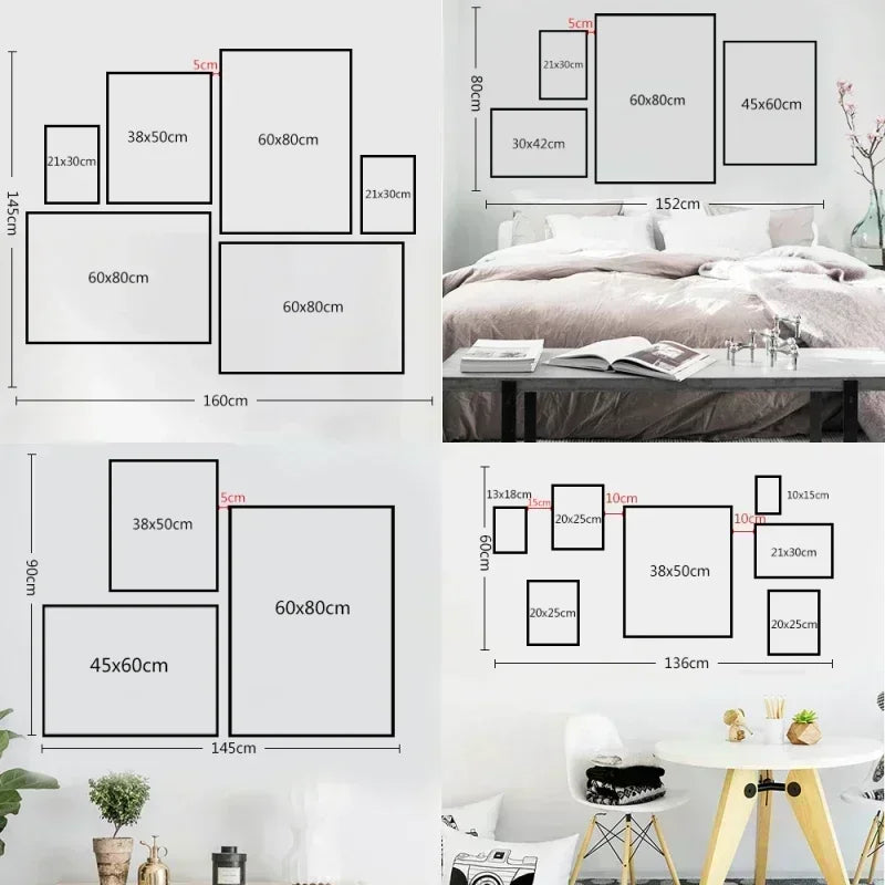 Wall art arrangement with dimensions and a bedroom setting