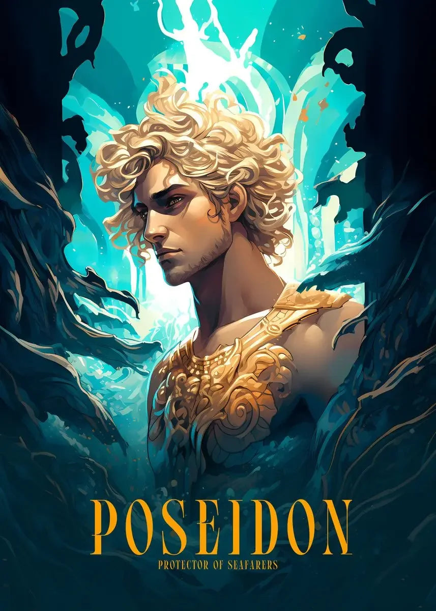 Illustration of Poseidon with a blue and teal background