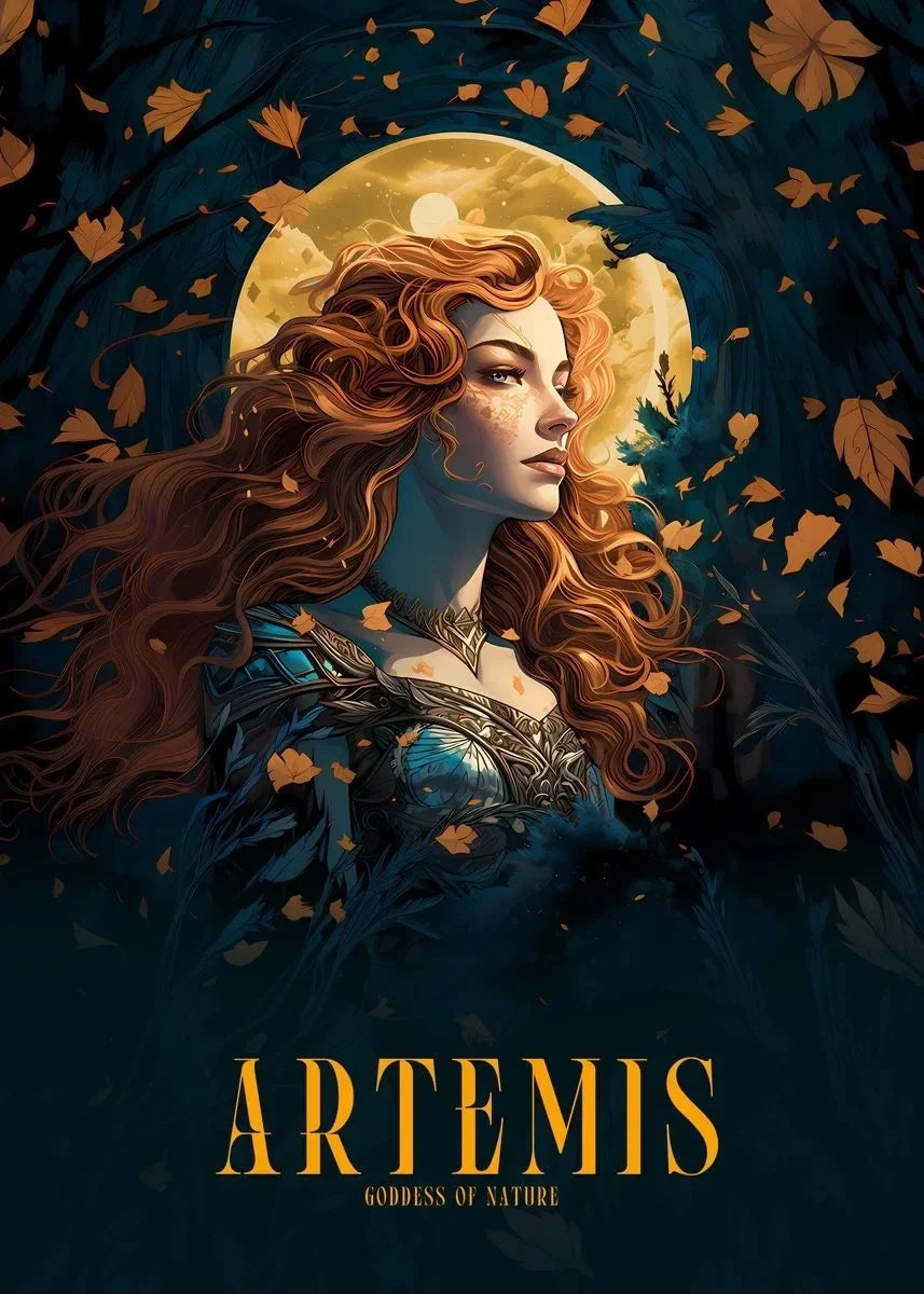 Illustration of a woman with long red hair under a moonlit sky with falling leaves, titled 'Artemis, Goddess of Nature'.