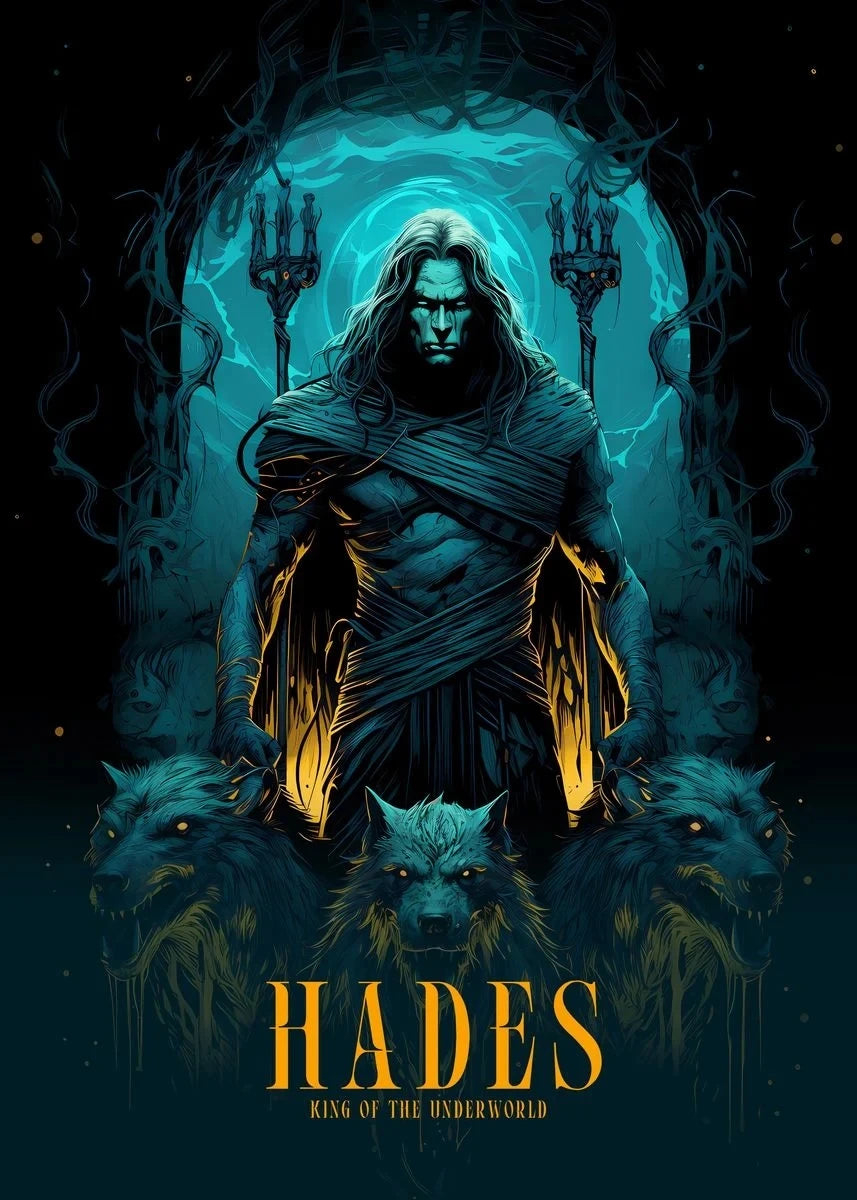 Illustration of a character from 'Hades' with wolves and a dark background