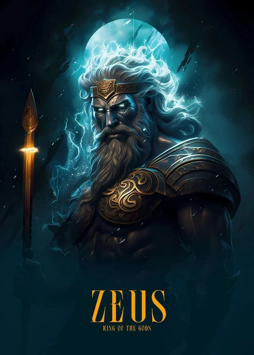 Illustration of Zeus, king of the gods, holding a thunderbolt against a dark background.