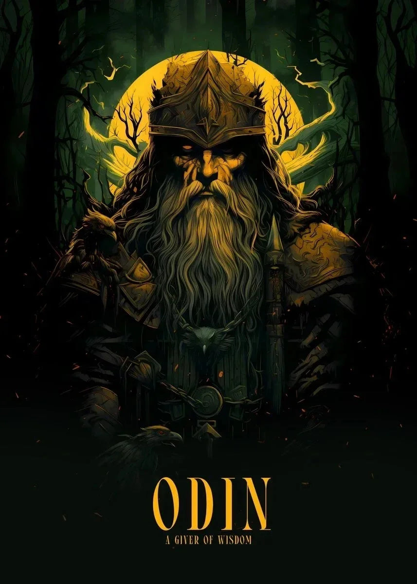 Illustration of Odin with a beard and crown, surrounded by a mystical forest, with 'ODIN' at the bottom.