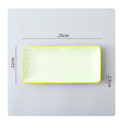 Nordic Japanese underglaze ceramic small fish plate in green and yellow, perfect for sushi and modern dining.