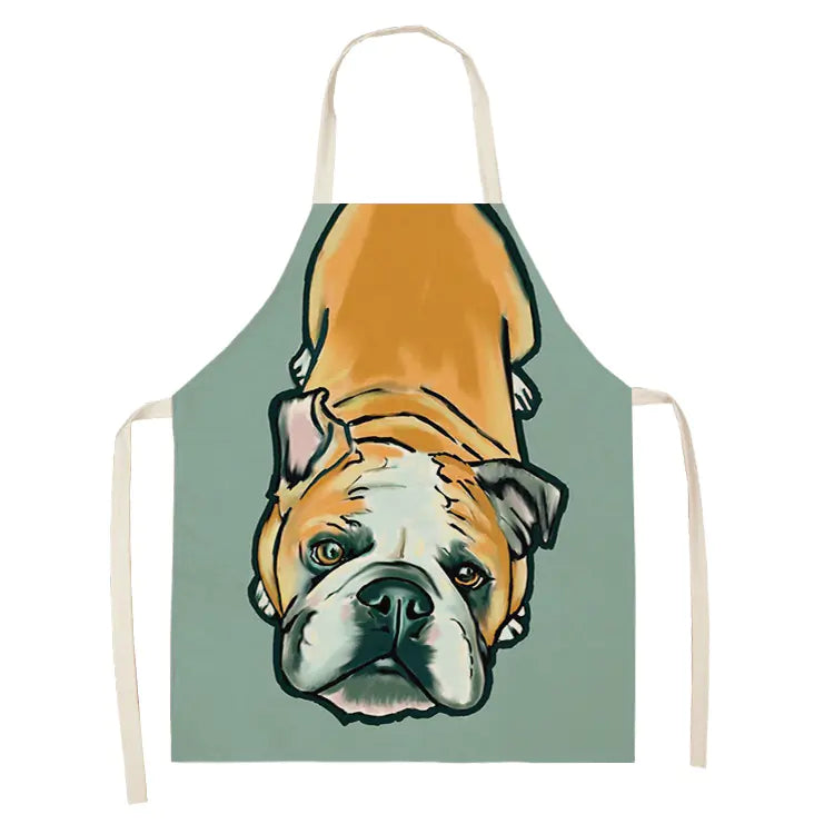 Apron with a bulldog design on a light green background