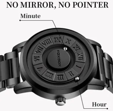 Black watch with Roman numeral design on a white background