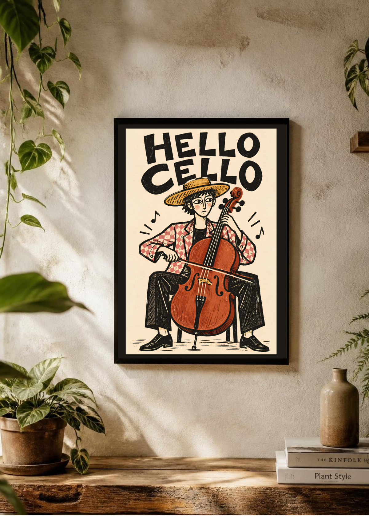 Hello Cello art print in a black frame on a textured cream wall, surrounded by trailing green plants.