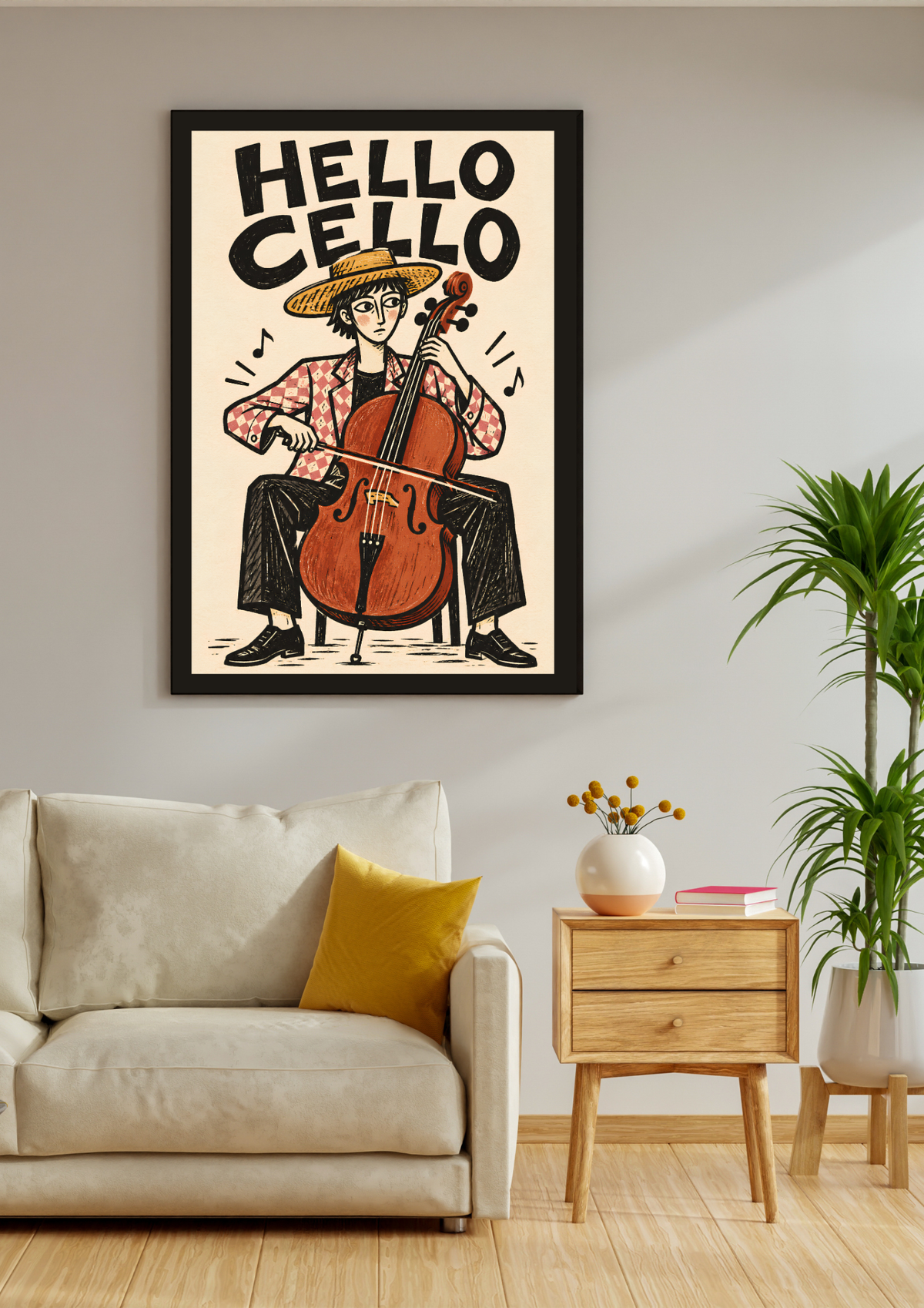 A framed retro-style poster featuring an illustration of a person playing the cello with the text 'HELLO CELLO' hangs on a light gray wall above a beige sofa in a styled living room.