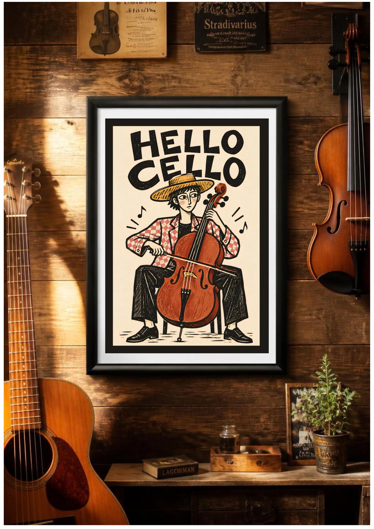 Hello Cello folk-art print featuring a cellist with a rust-red cello, displayed in a black frame against a rustic brick wall beside musical instruments.