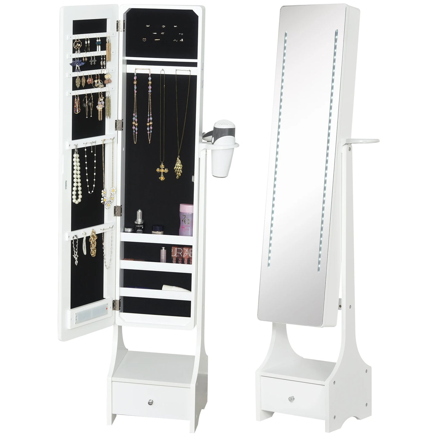 White jewelry armoire with mirror and storage compartments on a white background