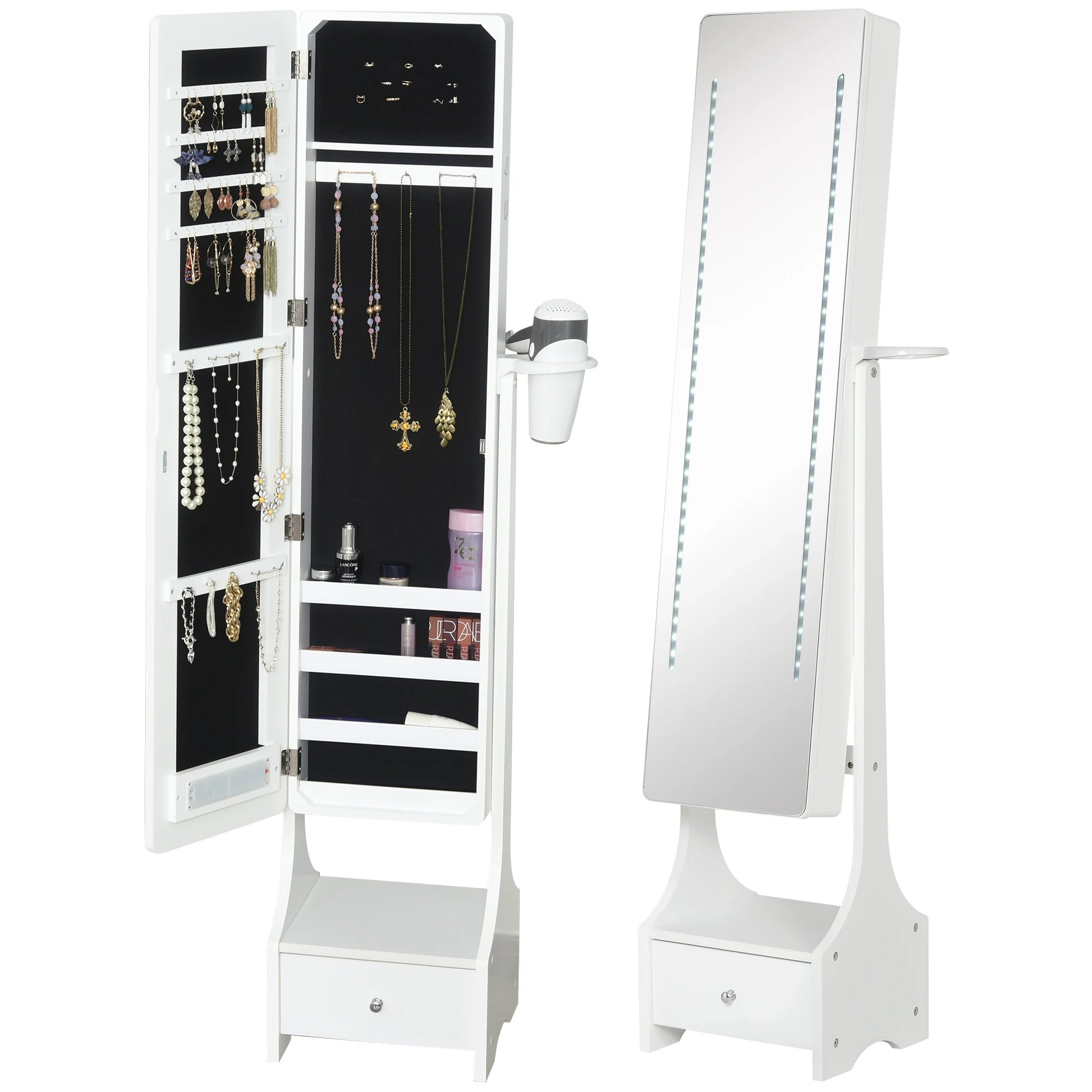 White jewelry armoire with mirror and storage compartments on a white background