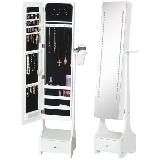 White jewelry armoire with mirror and storage compartments on a white background