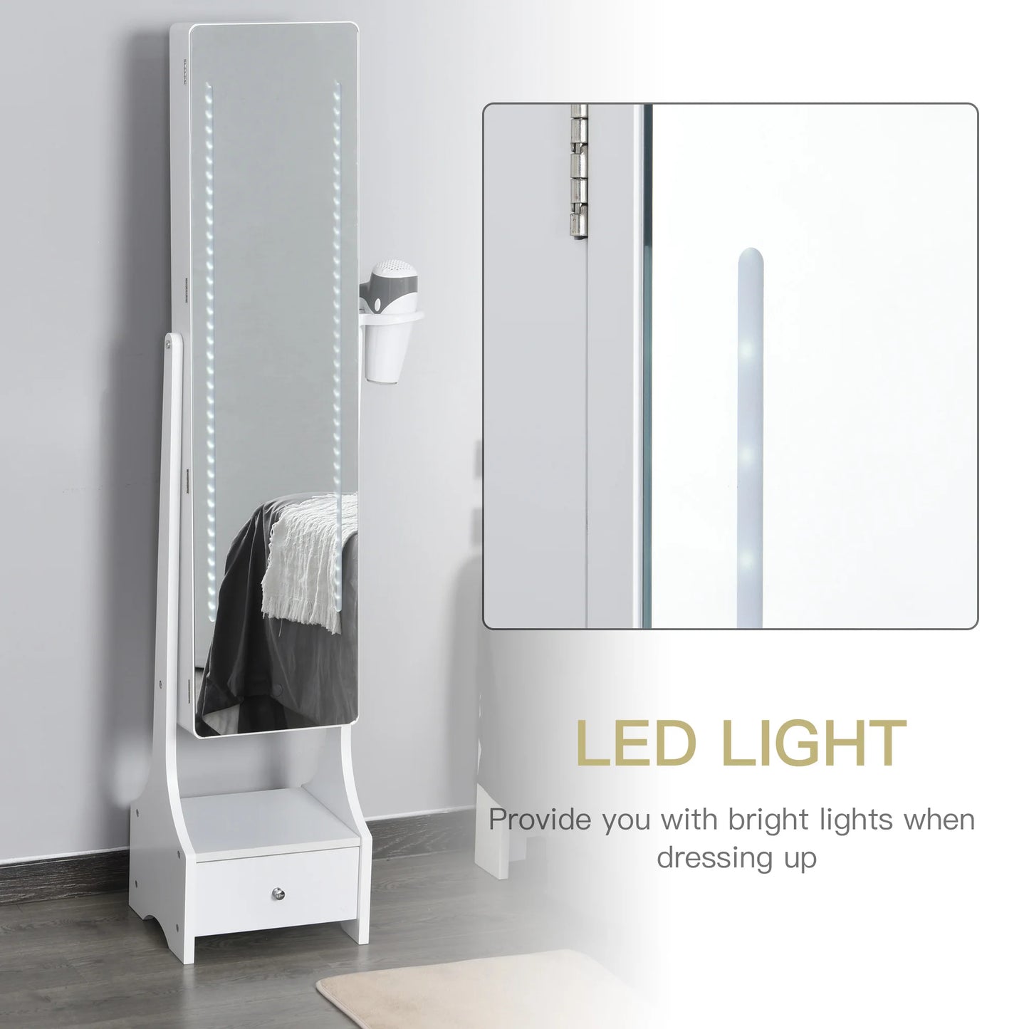 White standing mirror with LED lights on a gray floor and wall.