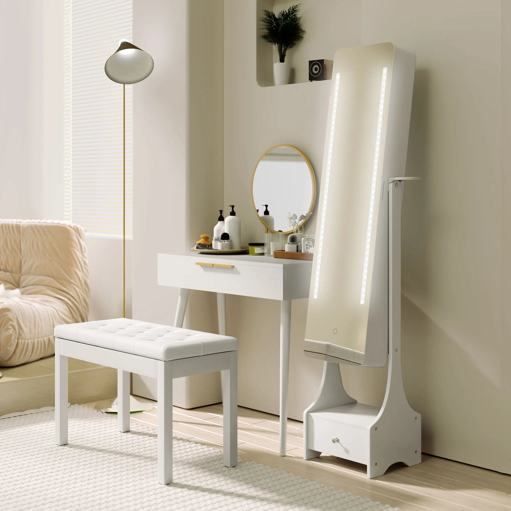 White vanity table with mirror and stool in a room setting