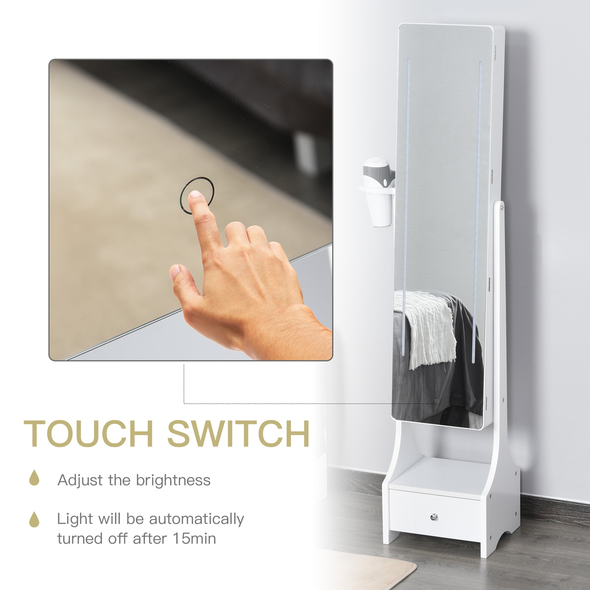 White standing mirror with touch switch feature, showing a hand adjusting the brightness.