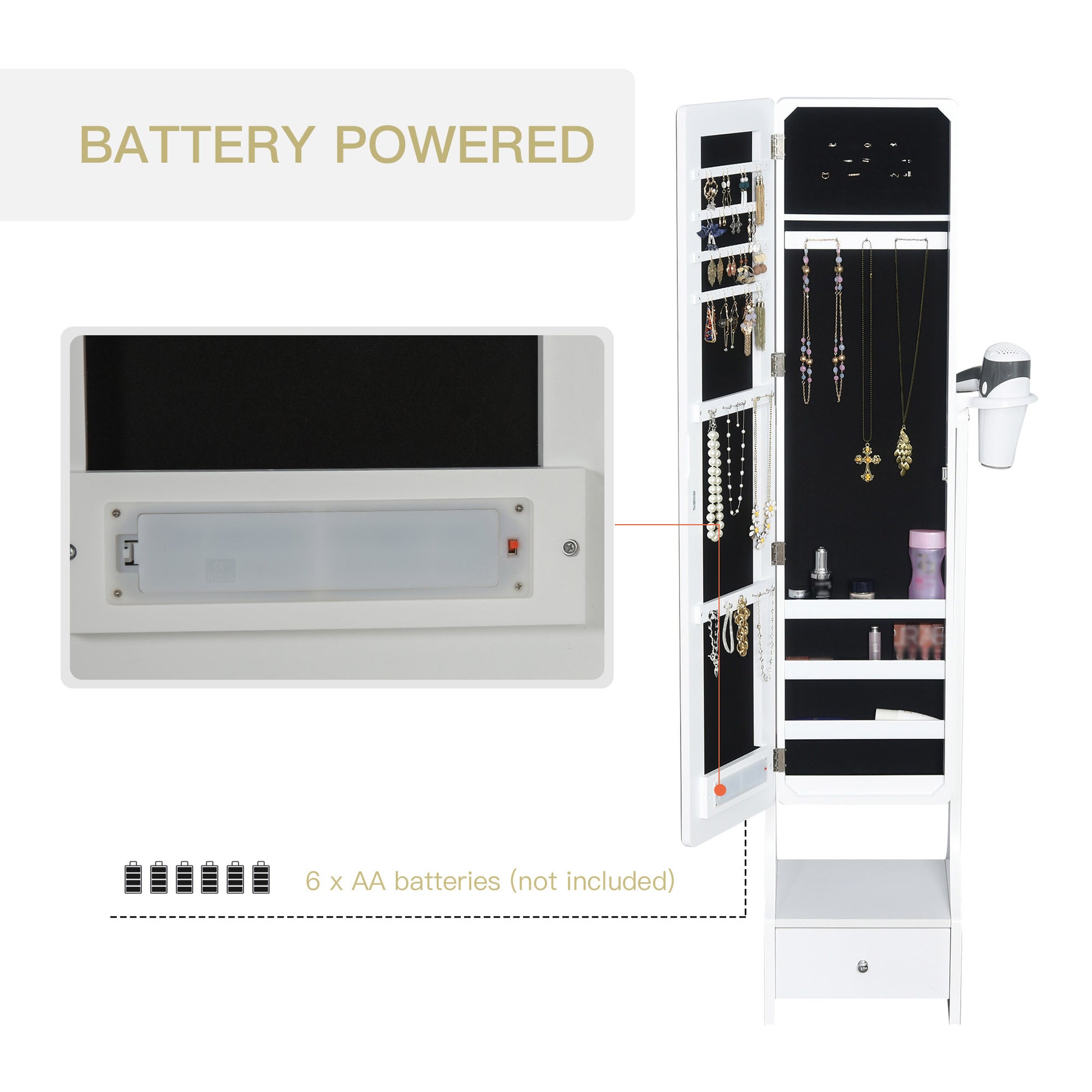 Battery-powered jewelry cabinet with LED lights on a white background