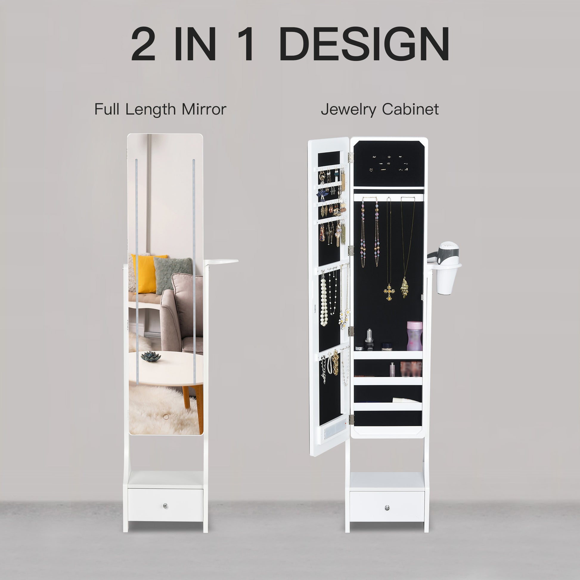 2-in-1 design full-length mirror and jewelry cabinet with open doors showing jewelry.