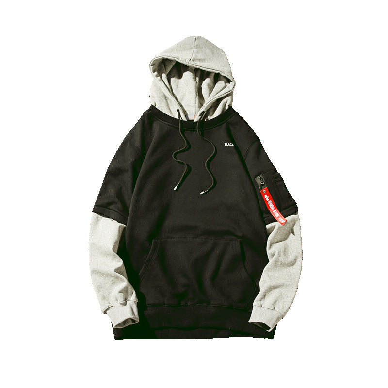 Black and gray hoodie with a red label on a white background