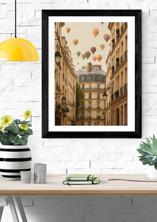 Framed Paris travel poster with hot air balloons displayed in bright modern kitchen interior