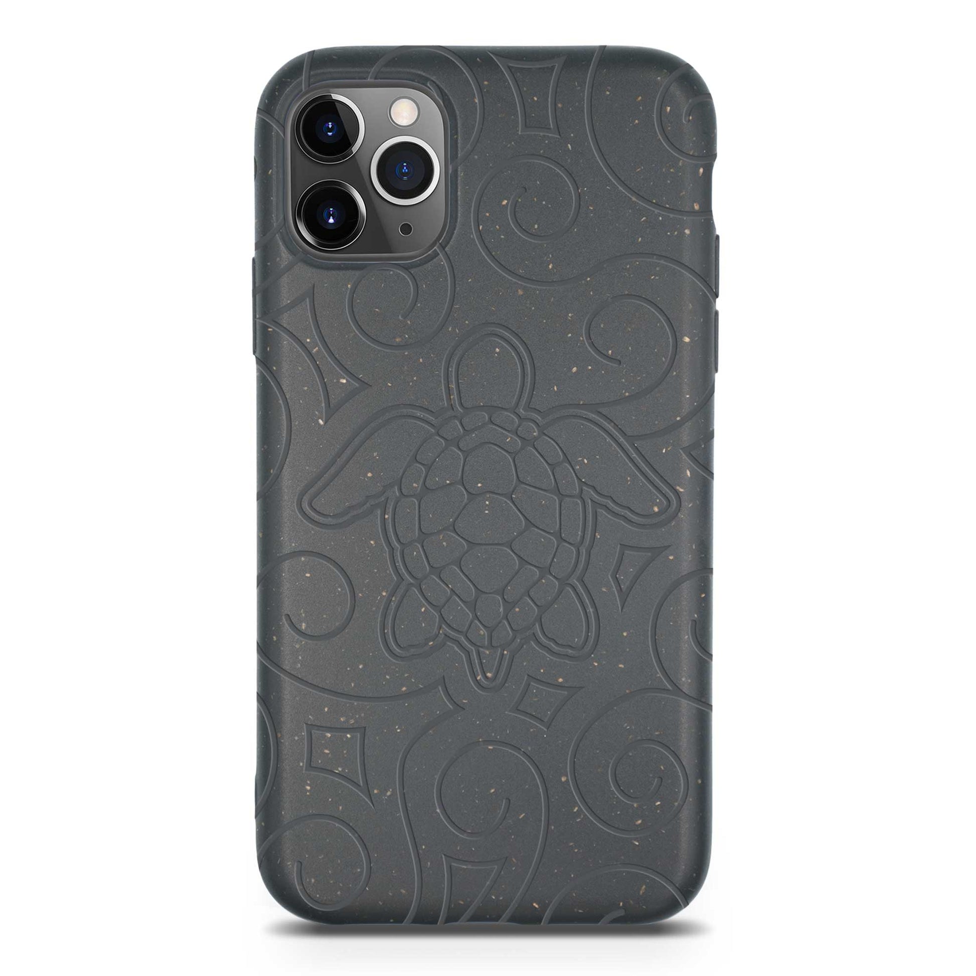 Dark gray phone case with turtle design on a white background