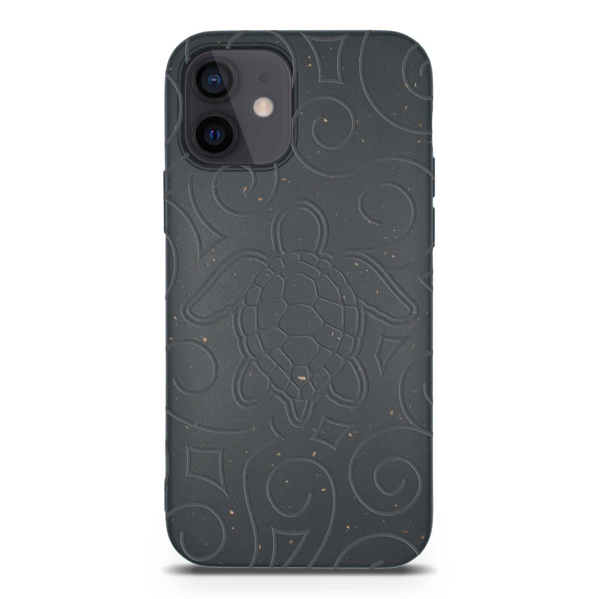 Black phone case with embossed design on a white background