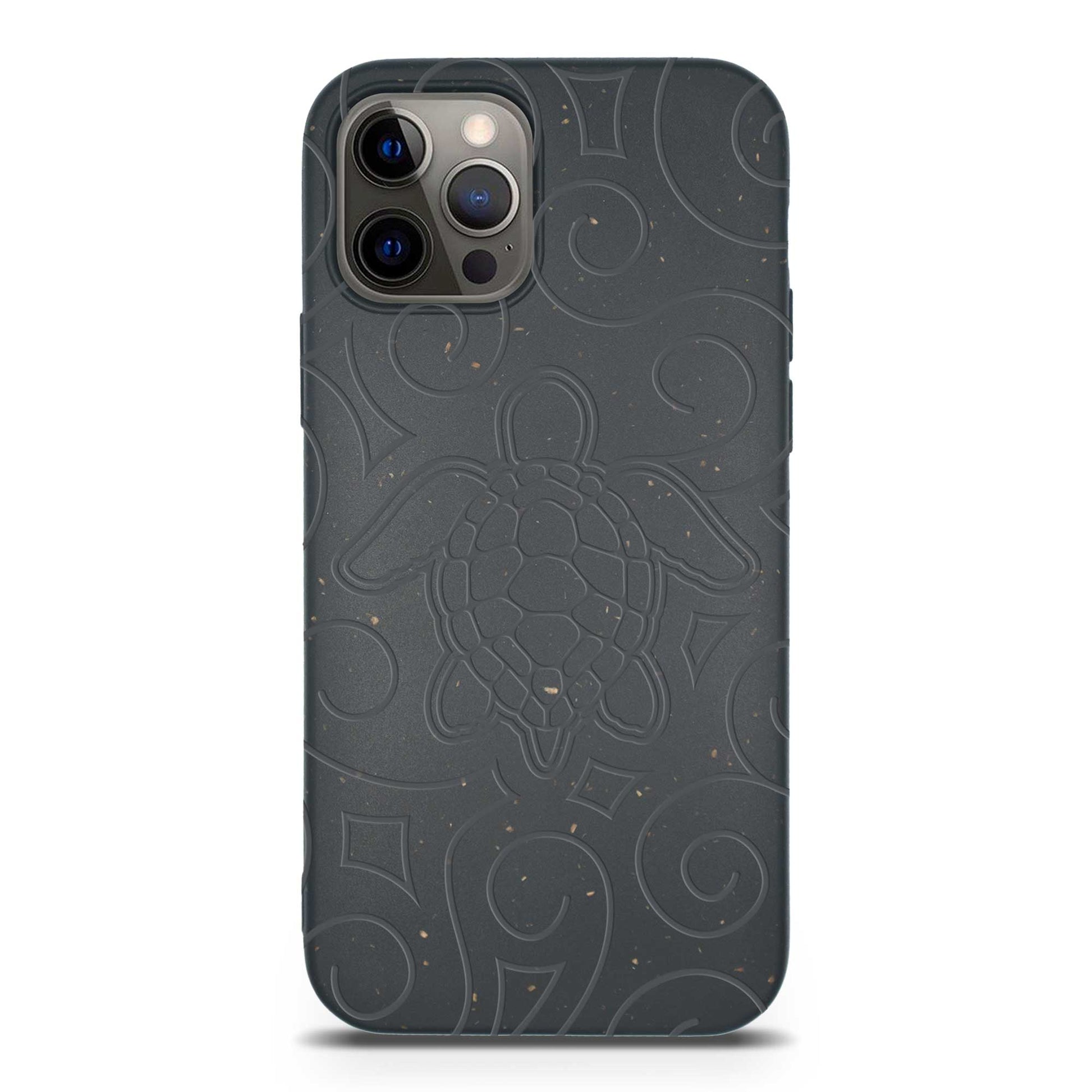 Dark gray phone case with embossed design on a white background
