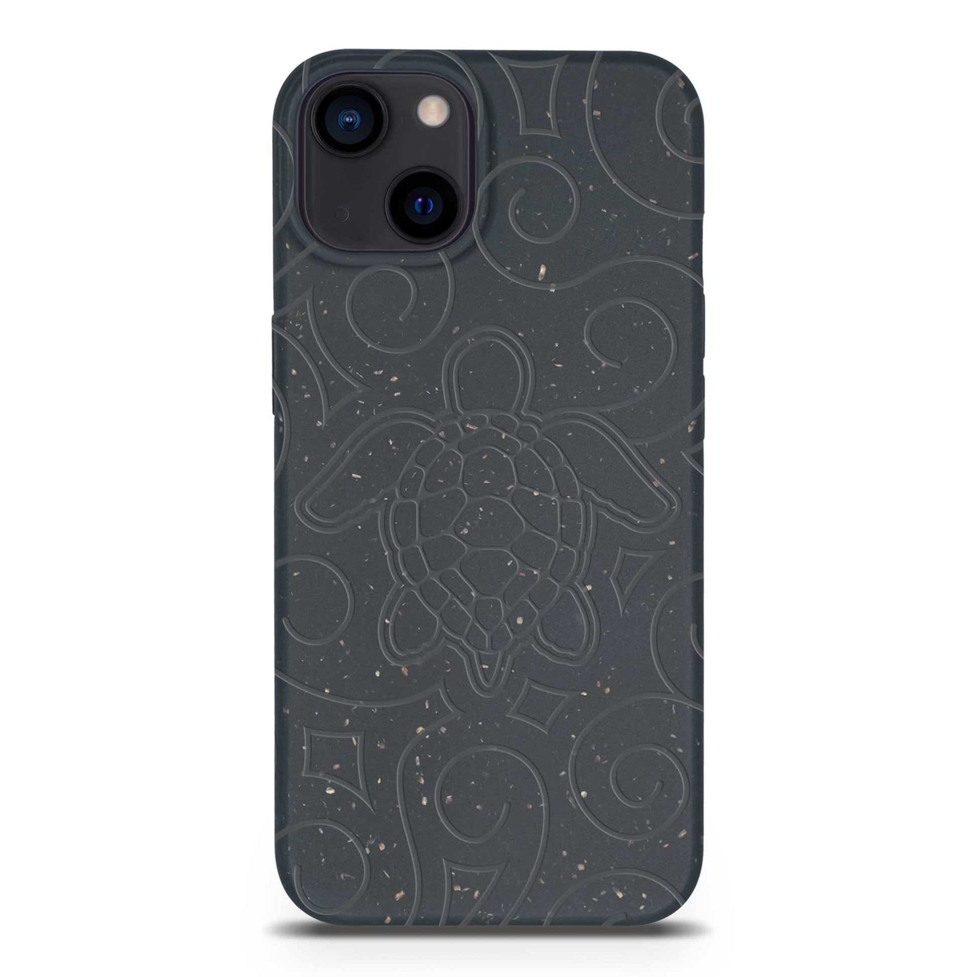 Dark gray phone case with abstract patterns on a white background