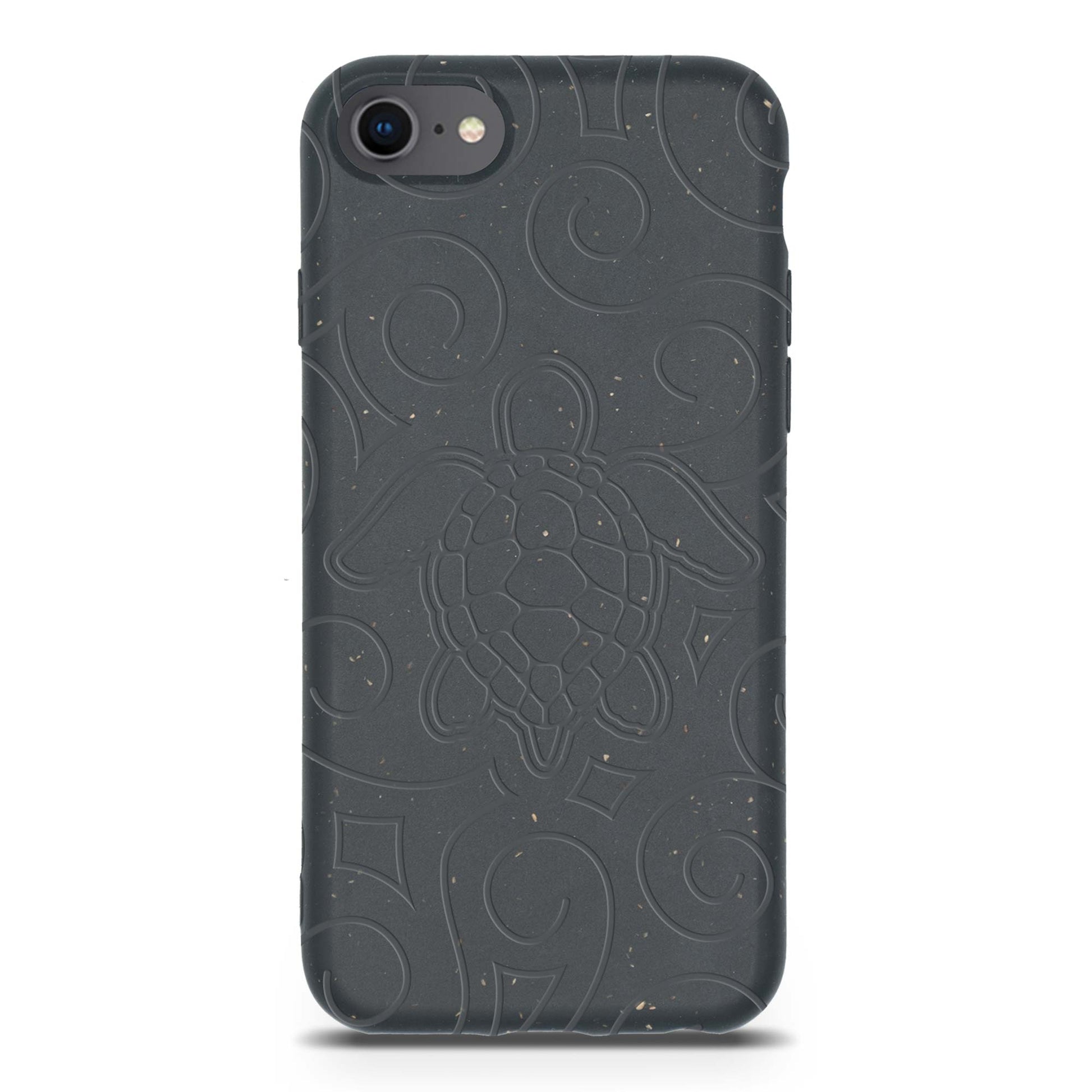 Black phone case with embossed design on a white background