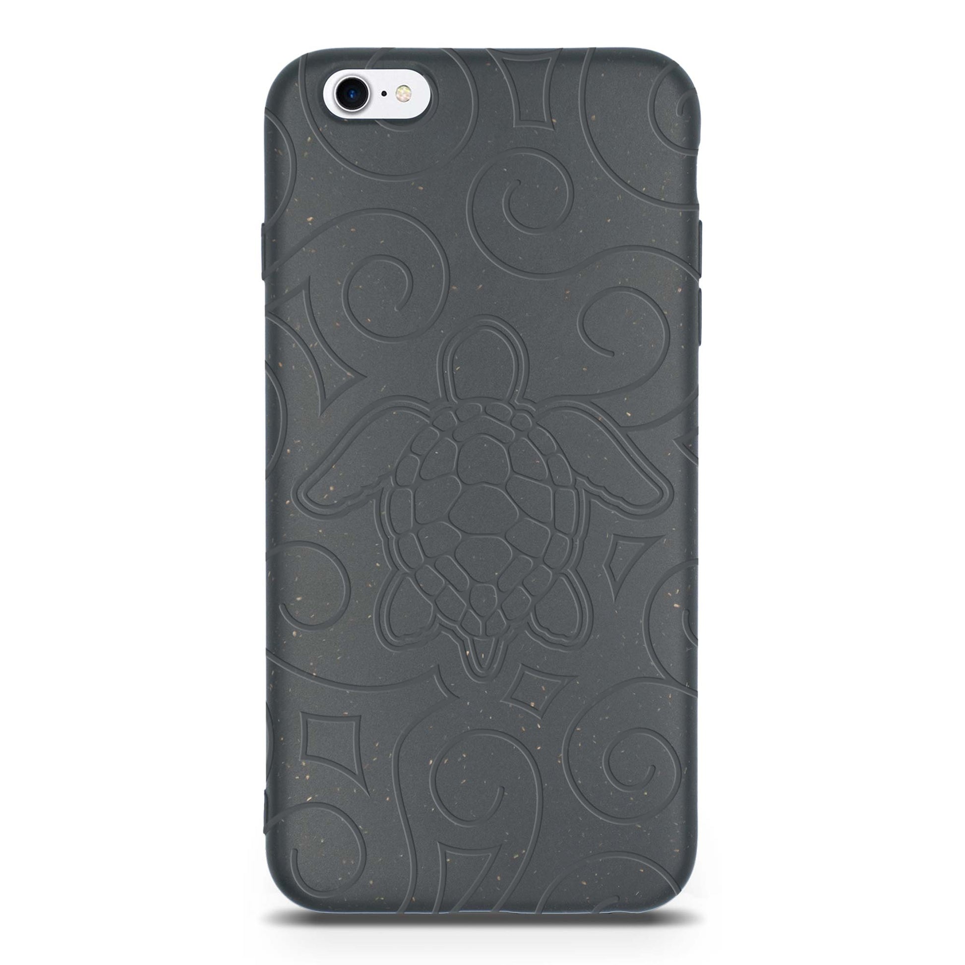 Dark gray phone case with embossed design on a white background