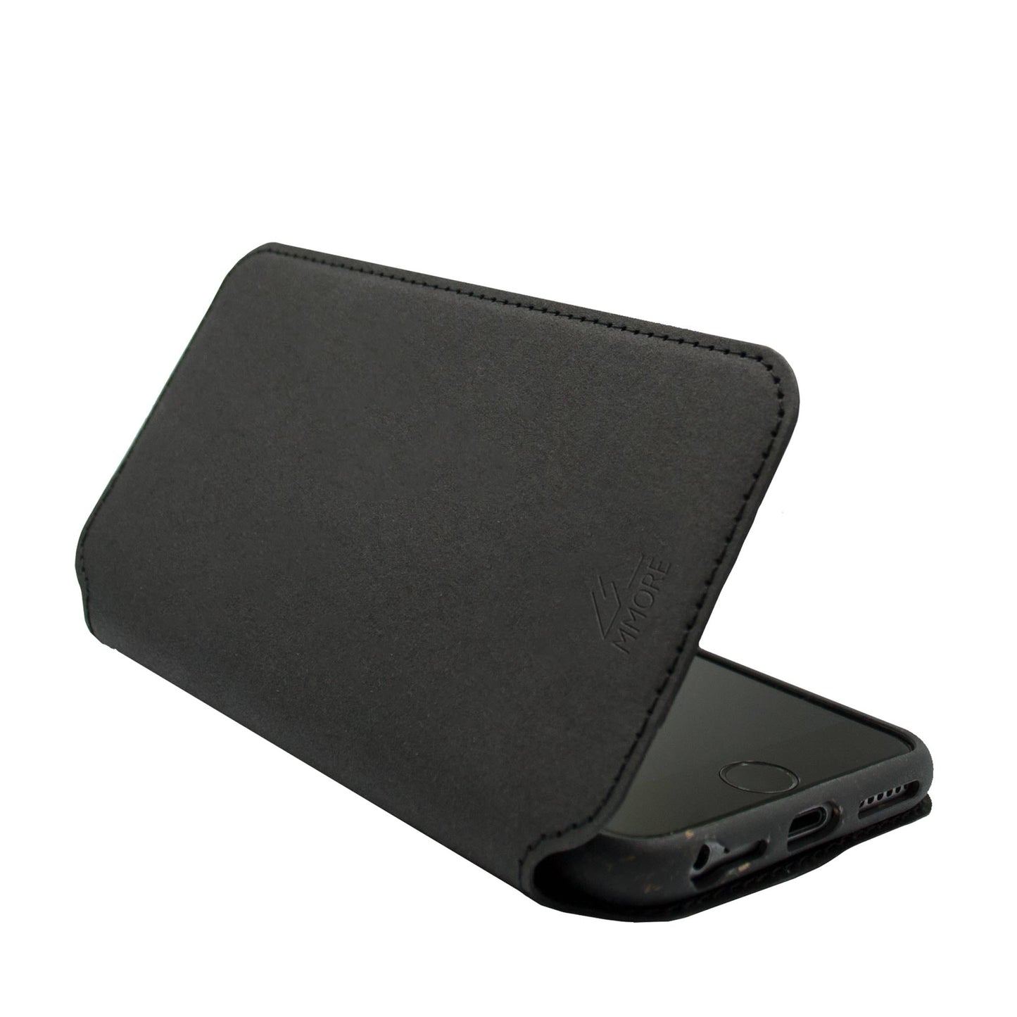 Biodegradable black flip phone case with magnetic closure shown in stand position, made from recycled paper and plant-based materials