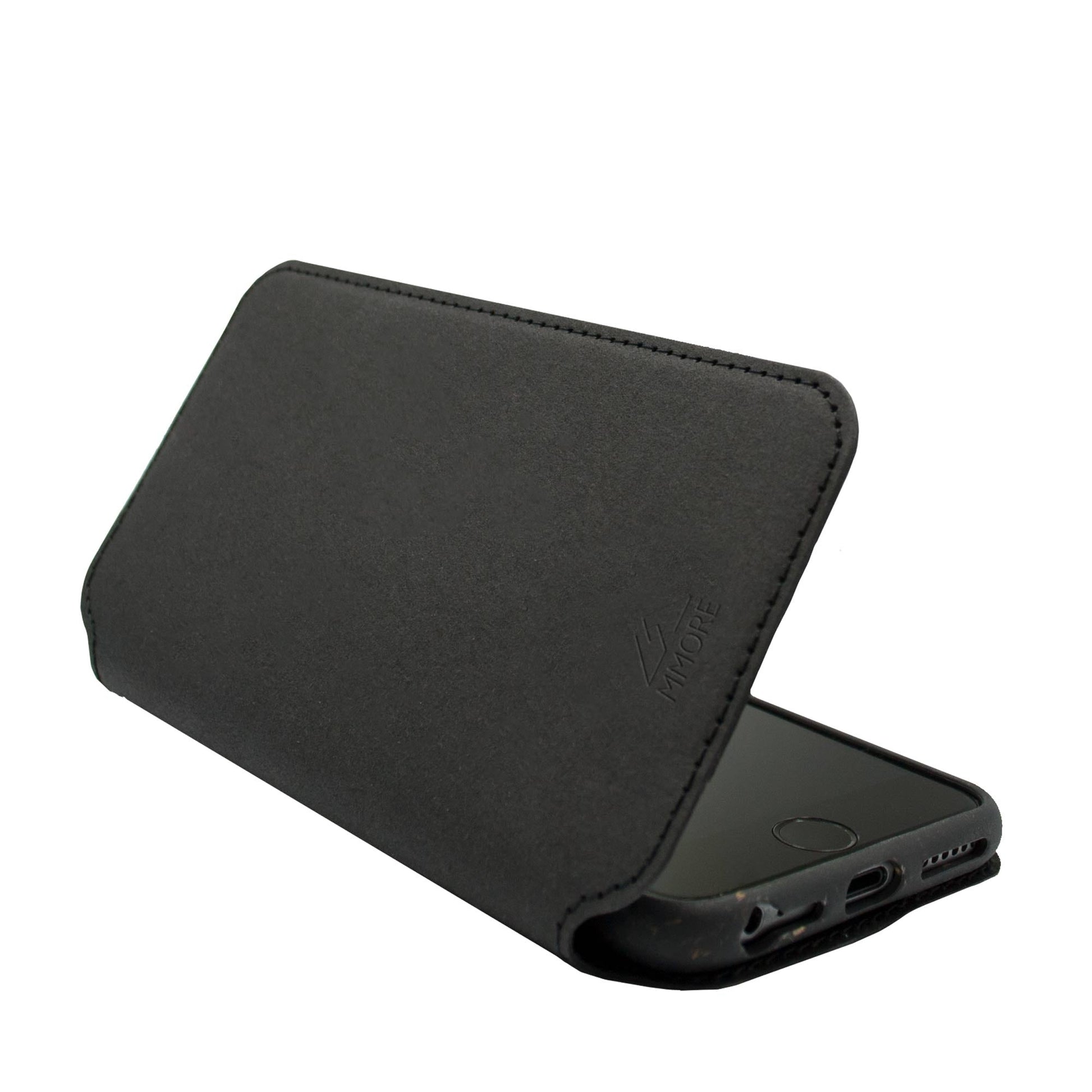 Biodegradable black flip phone case with magnetic closure shown in stand position, made from recycled paper and plant-based materials
