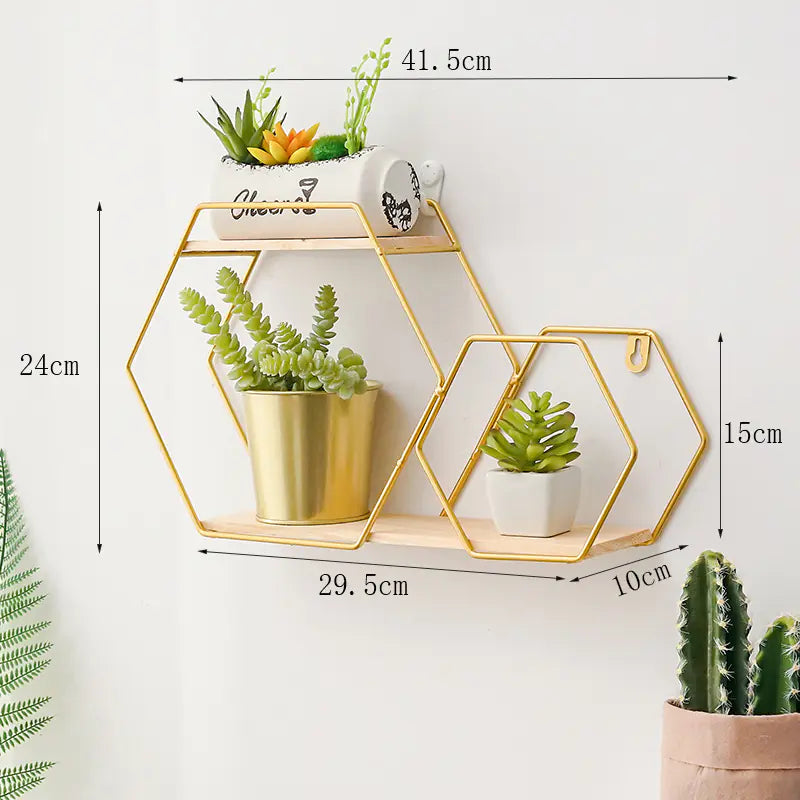 Hexagonal gold wall shelf with plants and measurements on a white background