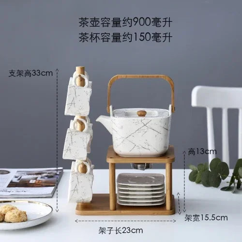 Tea set with a wooden stand on a white surface, measurements indicated.