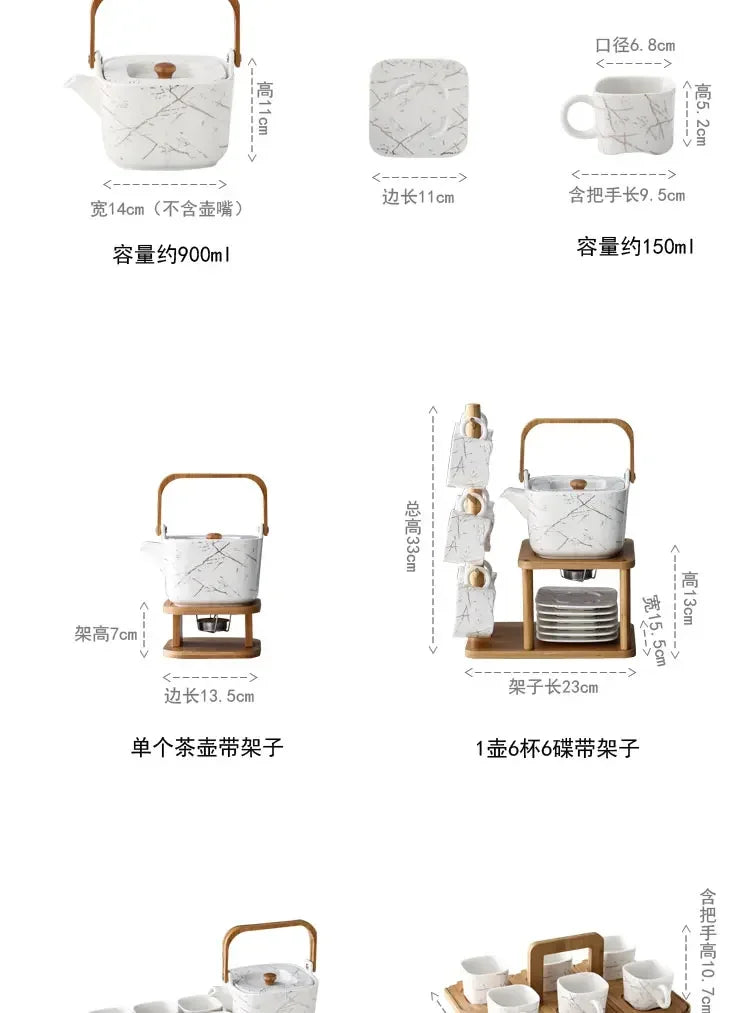 Tea-making set with dimensions and capacity details on a white background