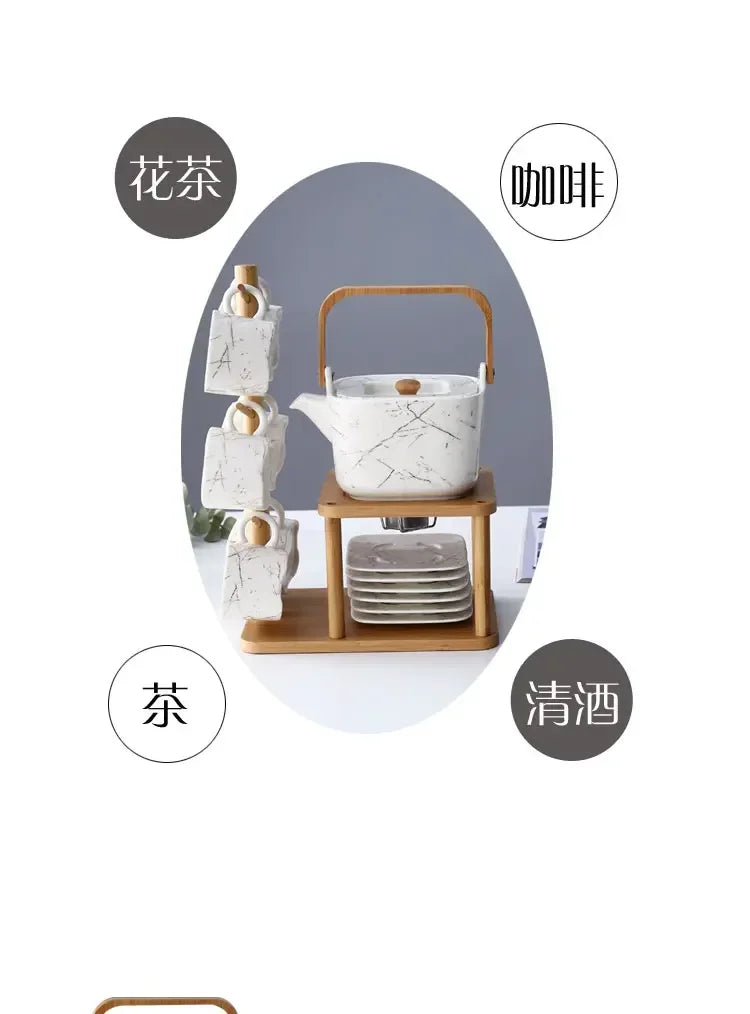 Tea set with ceramic teapot and cups on a wooden stand against a white background.