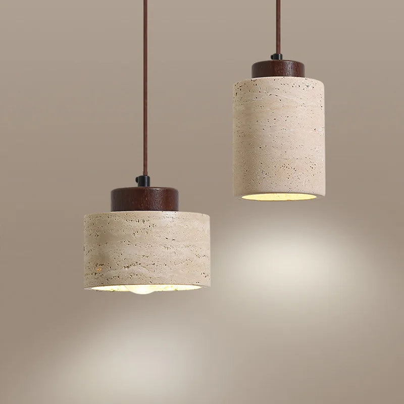 Japanese Wabi-Sabi pendant light made of natural yellow cave stone, minimalist modern bedside hanging lamp.