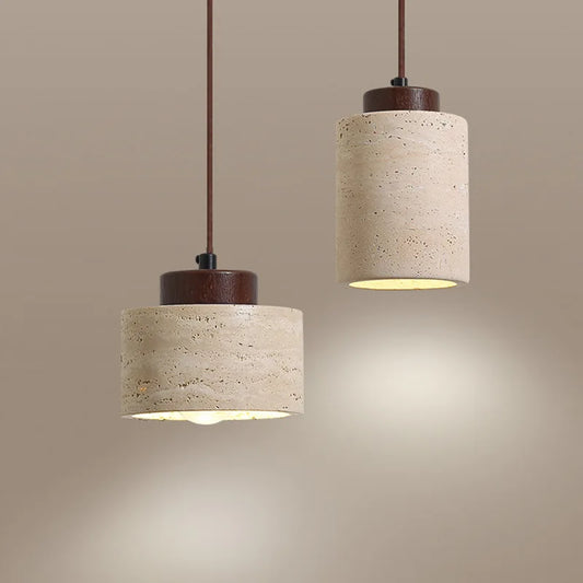 Japanese Wabi-Sabi pendant light made of natural yellow cave stone, minimalist modern bedside hanging lamp.