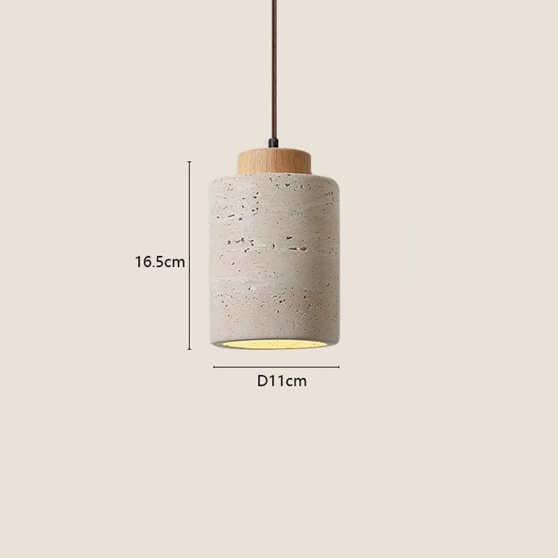 Concrete pendant light with dimensions on a beige background