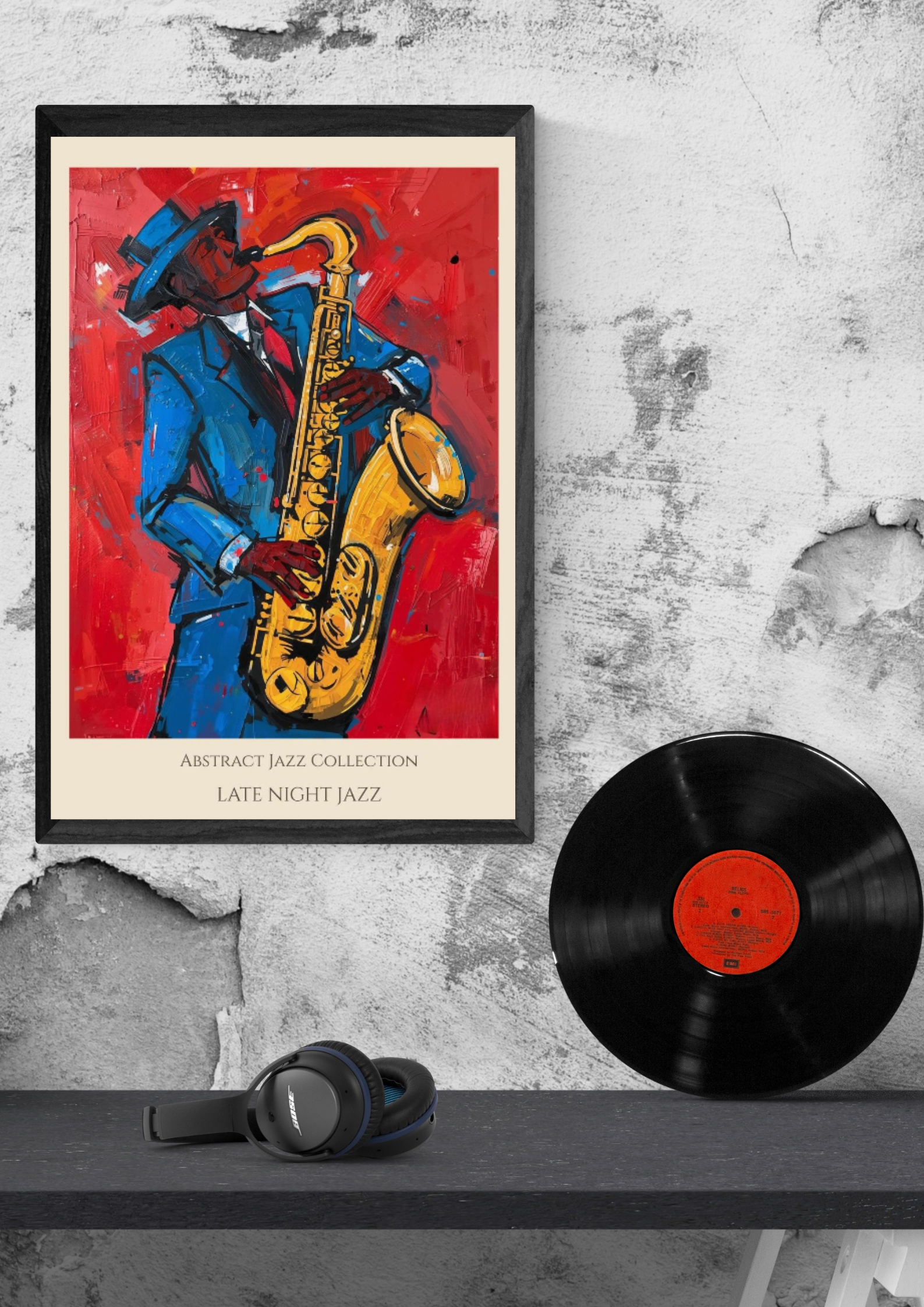 Framed jazz-themed poster with a saxophonist on a red background, next to a vinyl record and headphones on a shelf.