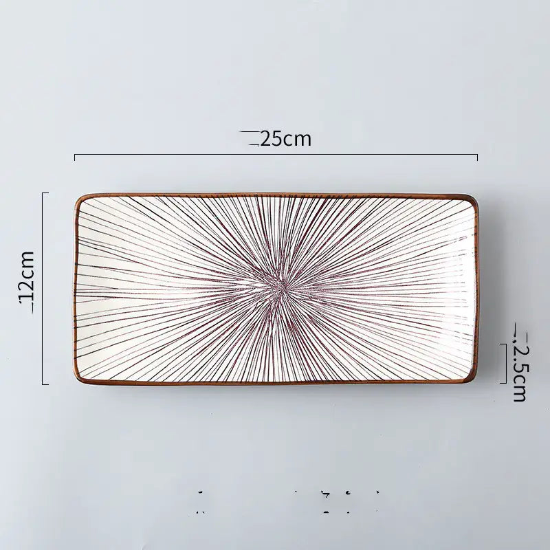 Nordic Japanese ceramic rectangular fish plate with fine-line radial pattern, 25cm by 12cm, ideal for sushi or serving small dishes.