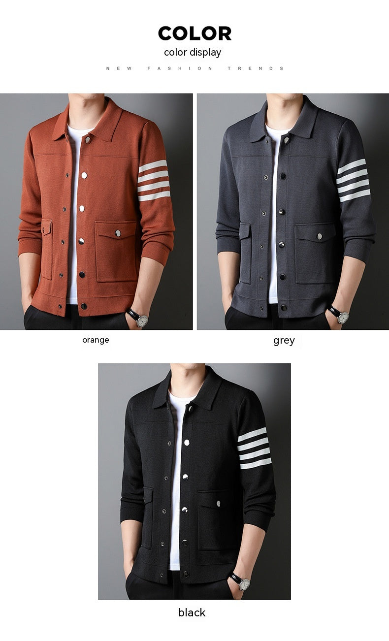 Three color options of a jacket with striped sleeves displayed on models.