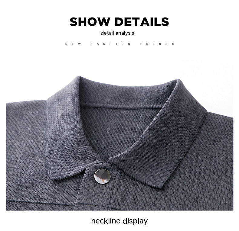 Close-up of a gray polo shirt collar with a button, on a white background.