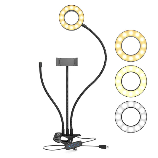 Movo VGCâ€‘3 Selfie Ring Light Stand with dual flexible gooseneck arms, universal phone clip, and three interchangeable LED rings showing warm, cool, and daylight modes.