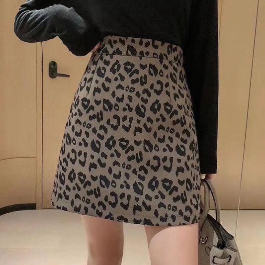 Leopard Print A-Line Mini Skirt with Safety Shorts – High Waist Chenille Skirt