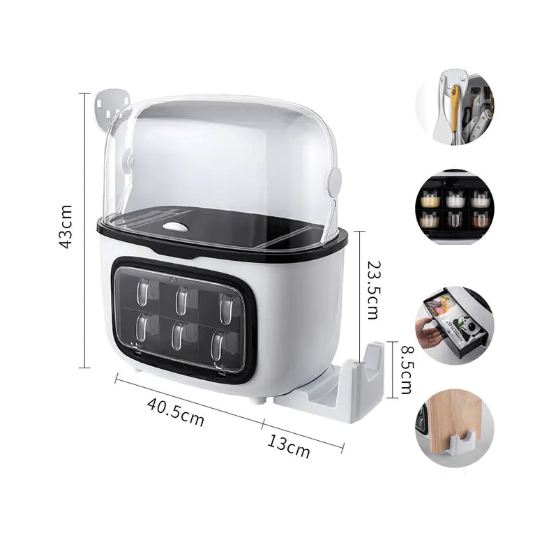 White and black kitchen appliance with dimensions and additional product images on a white background