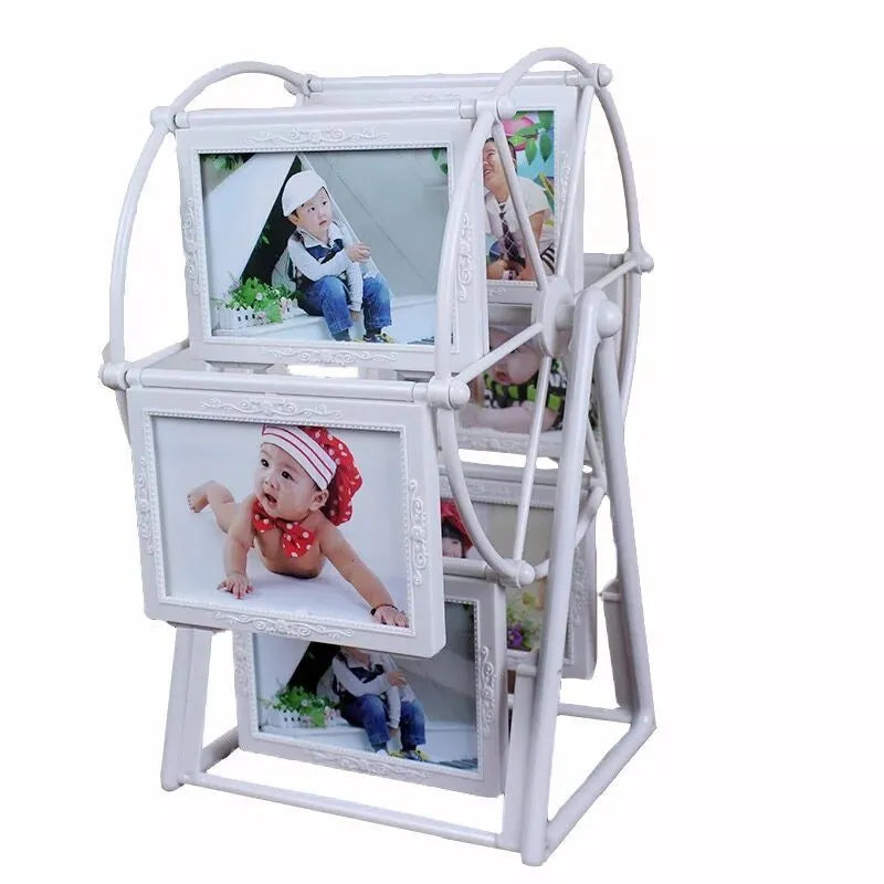 White photo collage stand with multiple picture frames on a white background