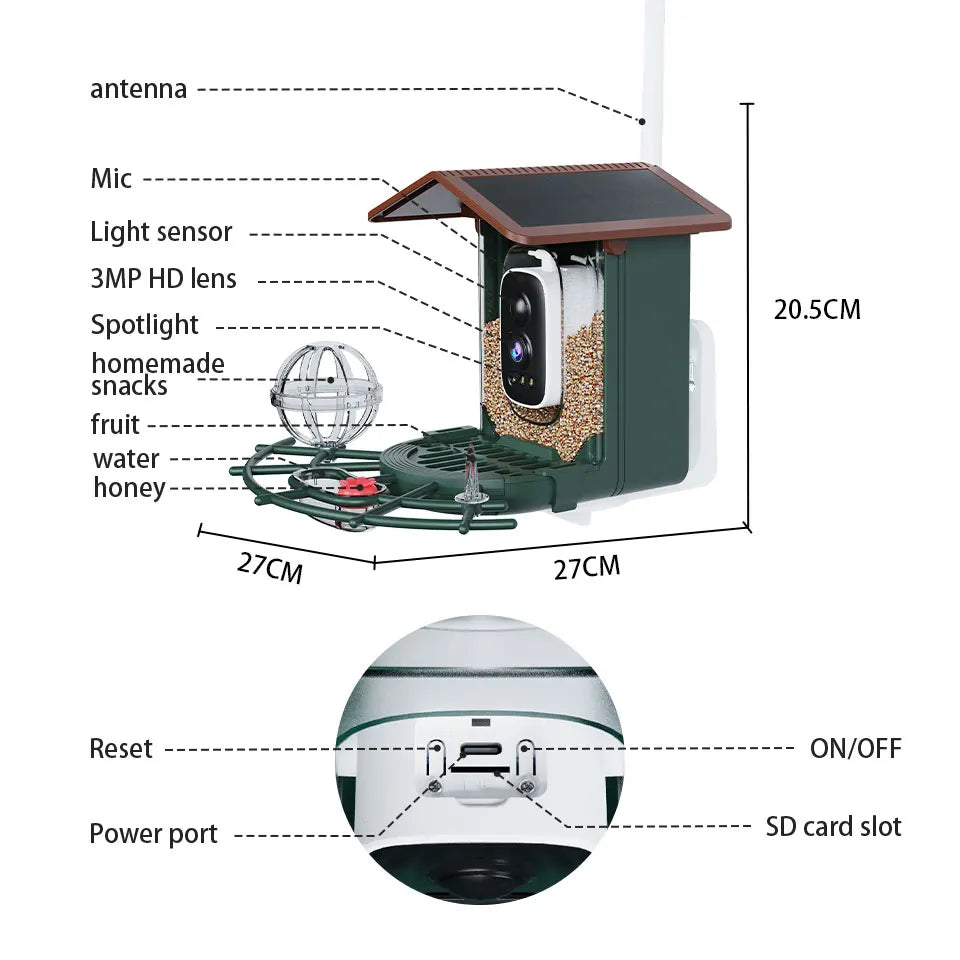 Diagram of a bird feeder with labeled parts and dimensions on a white background