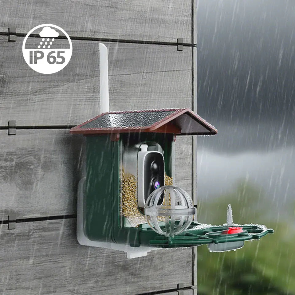 Bird feeder with IP65 rating symbol in the rain